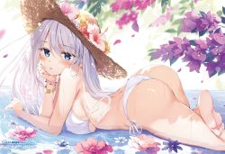 Rule 34 | 1girl, arched back, ass, bare arms, bare shoulders, barefoot, bikini, blue eyes, bracelet, breasts, brown hat, dengeki moeou, flower, from side, hat, hat flower, head rest, hibiscus, highres, jewelry, large breasts, long hair, looking at viewer, looking to the side, lying, on stomach, oryo (oryo04), parted lips, petals, purple flower, side-tie bikini bottom, silver hair, solo, straw hat, string bikini, swimsuit, thighs, water, wet, white bikini