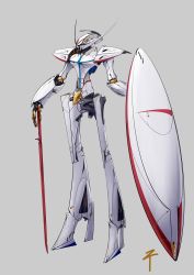 Rule 34 | absurdres, blue eyes, five star stories, grey background, gundam, highres, holding, holding sword, holding weapon, long legs, mecha, nagano mamoru (style), no humans, parody, redesign, robot, science fiction, shield, solo, standing, style parody, sword, turn a gundam, turn a gundam (mobile suit), weapon, ztyoho