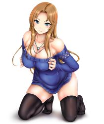 Rule 34 | 1girl, armpit crease, bare shoulders, black thighhighs, blue eyes, blue sweater, blush, breasts, breasts squeezed together, brown hair, cleavage, closed mouth, collarbone, covered erect nipples, covered navel, dress, fine fabric emphasis, full body, head tilt, highres, idolmaster, idolmaster cinderella girls, jewelry, kneeling, large breasts, leaning forward, long hair, long sleeves, looking at viewer, matsumoto sarina, necklace, no shoes, off-shoulder, off-shoulder sweater, off shoulder, otone, parted bangs, shadow, sidelocks, simple background, skindentation, smile, solo, sweater, sweater dress, thighhighs, thighs, white background