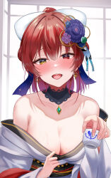 Rule 34 | 1girl, bare shoulders, blush, breasts, cleavage, cup, detached collar, earrings, gold earrings, hair ornament, heart, heart earrings, heterochromia, highres, holding, holding cup, hololive, houshou marine, houshou marine (new year), japanese clothes, jewelry, kimono, large breasts, obi, off shoulder, official alternate costume, open mouth, red eyes, red hair, sash, solo, telu (teluscarlet), upper body, virtual youtuber, yellow eyes