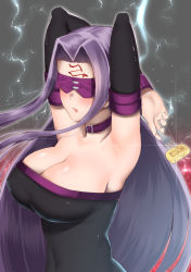 Rule 34 | 1girl, :o, armpits, arms behind head, arms up, black detached sleeves, black dress, blindfold, blush, breasts, cleavage, collar, crossed arms, detached sleeves, dress, electricity, facial mark, facing viewer, fate/stay night, fate (series), female focus, floating hair, food, forehead mark, fork, gradient background, grey background, highres, holding, holding food, holding fork, kitajima yuuki, large breasts, long hair, medusa (fate), medusa (rider) (fate), neck, open mouth, parted bangs, purple collar, purple hair, sidelocks, solo, strapless, strapless dress, type-moon, very long hair