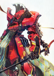 Rule 34 | bad id, bad pixiv id, mecha, no humans, original, red theme, robot, simple background, solo, sword, total, weapon