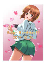 Rule 34 | 1girl, :d, black neckerchief, blouse, blush, brown eyes, brown hair, commentary request, cowboy shot, dated, english text, from behind, girls und panzer, gradient background, green skirt, happy birthday, heart, highres, long sleeves, looking at viewer, looking back, miniskirt, neckerchief, nishizumi miho, ooarai school uniform, open mouth, partial commentary, pink background, pleated skirt, school uniform, serafuku, shirt, short hair, skirt, smile, solo, standing, t k, white shirt