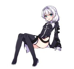 Rule 34 | 1girl, arm belt, bad id, bad pixiv id, black dress, black footwear, blue eyes, blush, dress, full body, gloves, honkai (series), honkai impact 3rd, juliet sleeves, leaning back, long hair, long sleeves, looking at viewer, open mouth, puffy sleeves, side slit, silver hair, simple background, sitting, solo, tama (tamatamo), theresa apocalypse, theresa apocalypse (valkyrie pledge), thighhighs, white background, white gloves, wide sleeves