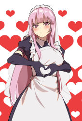 Rule 34 | 1girl, absurdres, alternate costume, annoyed, apron, black dress, black gloves, blush, breasts, dress, elbow gloves, enmaided, eyebrows hidden by hair, gloves, heart, heart hands, highres, hololive, hololive english, longlong (drasdr7513), maid, maid apron, maid headdress, medium breasts, mori calliope, pink hair, solo, sweat, virtual youtuber