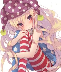 Rule 34 | 1girl, american flag dress, american flag legwear, blonde hair, blush, clownpiece, hat, highres, jester cap, long hair, looking at viewer, open mouth, pantyhose, red eyes, simple background, sitting, sleeveless, solo, star (symbol), striped, touhou, usamata, white background