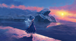 1girl absurdres black_footwear blue_bow blue_dress blue_eyes blue_ribbon bow cirno cloud cloudy_sky detached_wings dress fog glacier hair_bow highres ice ice_wings kiqusha landscape outdoors profile puffy_sleeves red_ribbon ribbon rock scenery shirt shoes short_hair short_sleeves sky sleeveless sleeveless_dress snow solo standing sunrise touhou white_shirt wide_shot wings