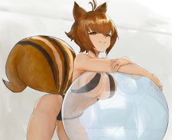 Rule 34 | 1girl, :3, animal ears, antenna hair, arqa, ball, bare arms, bare hips, bare shoulders, bikini, black bikini, blazblue, breast press, breasts, brown eyes, brown hair, cleavage, closed mouth, grey background, large breasts, looking at viewer, makoto nanaya, navel, short hair, smile, smug, solo, squirrel ears, squirrel girl, squirrel tail, swimsuit, tail, transparent