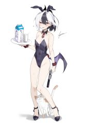 Rule 34 | 1girl, absurdres, animal ears, bare legs, black footwear, black leotard, blue archive, blush, breasts, cat, clothes writing, collarbone, covered navel, cup, detached collar, drinking glass, ear piercing, fake animal ears, fataaa, full body, groin, gun, h&amp;k p30, handgun, high heels, highres, holding, holding gun, holding plate, holding weapon, horns, kayoko (blue archive), leotard, low wings, milk carton, multicolored hair, necktie, piercing, pistol, plate, playboy bunny, rabbit ears, rabbit tail, short hair, signature, simple background, small breasts, solo, standing, strappy heels, suppressor, sweat, tail, two-tone hair, weapon, white background, wings, wrist cuffs