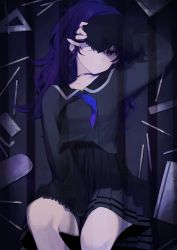 Rule 34 | 1girl, arm up, asahina mafuyu, black shirt, black skirt, blue eyes, closed mouth, collarbone, feet out of frame, frilled sleeves, frills, highres, long hair, long sleeves, looking at viewer, pencil case, pleated skirt, project sekai, purple hair, set square, shirt, skirt, sleeves past fingers, sleeves past wrists, solo, syhan