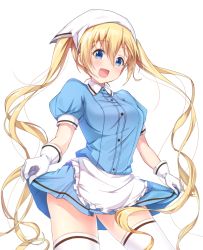 Rule 34 | 1girl, blend s, blonde hair, blue eyes, blush, breasts, clothes lift, commentary request, gloves, hair between eyes, head scarf, hinata kaho, lifted by self, long hair, looking at viewer, matokechi, medium breasts, open mouth, short sleeves, skirt, skirt lift, smile, solo, stile uniform, thighhighs, twintails, very long hair, waitress, white gloves, zettai ryouiki