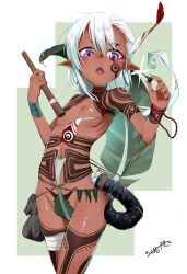 Rule 34 | 1girl, absurdres, blowgun, breasts, convenient censoring, dai yasude, dart, earrings, facial tattoo, female focus, highres, holding, holding weapon, hoop earrings, jewelry, leaf, navel, open mouth, original, pointy ears, purple eyes, small breasts, solo, tattoo, topless, tribal, weapon, white hair