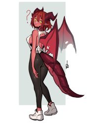 Rule 34 | 1girl, ?, absurdres, ass, back bow, bare arms, bare shoulders, body freckles, bow, breasts, colored skin, distr, dragon girl, dragon horns, dragon tail, dragon wings, freckles, from behind, full body, head tilt, highres, horns, large breasts, leggings, looking at viewer, looking back, medium hair, monster girl, original, pointy ears, red hair, red skin, shirt, signature, solo, tail, white bow, white footwear, white shirt, wings, yellow eyes