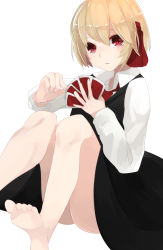 Rule 34 | bad id, bad pixiv id, barefoot, blonde hair, card, dress, hair ornament, highres, ogami ren, playing card, red eyes, rumia, shirt, short hair, simple background, sitting, soles, solo, toes, touhou, white background