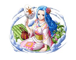 Rule 34 | 1girl, bamboo, blue hair, flower, hair ornament, japanese clothes, long hair, looking at viewer, nefertari vivi, non-web source, official art, one piece, one piece treasure cruise, pink flower, sitting, solo, white flower