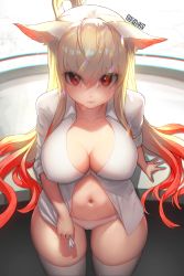 Rule 34 | 1girl, absurdres, animal ears, blonde hair, breasts, chromatic aberration, cleavage, closed mouth, commission, dungeon and fighter, egk513, ellin meiji, eyes visible through hair, hair between eyes, highres, huge filesize, large breasts, long hair, looking at viewer, multicolored hair, navel, panties, red eyes, red hair, shirt, solo, thighhighs, two-tone hair, underwear, white panties, white shirt, white thighhighs