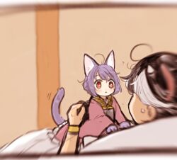 Rule 34 | 2girls, ahoge, animal ears, black hair, bracelet, cat ears, cat tail, closed mouth, commentary request, cone horns, horns, indoors, japanese clothes, jewelry, kijin seija, kimono, looking at viewer, multicolored hair, multiple girls, on person, pov, purple eyes, purple hair, red eyes, red hair, red kimono, rin tarou, short hair, solo focus, streaked hair, sukuna shinmyoumaru, sweatdrop, tail, touhou, white hair