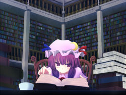 Rule 34 | 1girl, artist request, blush, book, bookshelf, chair, crescent moon, cup, female focus, hat, indoors, library, moon, open book, patchouli knowledge, purple eyes, purple hair, reading, solo, touhou, voile