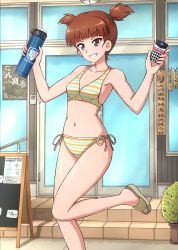 Rule 34 | 1girl, bikini, blunt bangs, bottle, breasts, brown footwear, commentary, day, emblem, girls und panzer, grin, hair tie, highres, holding, keizoku (emblem), leg up, legs, looking at viewer, mikko (girls und panzer), multicolored bikini, multicolored clothes, multicolored stripes, navel, omachi (slabco), outdoors, red eyes, red hair, sandals, short hair, short twintails, side-tie bikini bottom, small breasts, smile, solo, standing, standing on one leg, striped bikini, striped clothes, swimsuit, twintails, water bottle