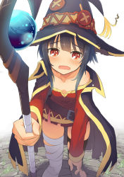 Rule 34 | 10s, 1girl, bandages, bare shoulders, blush, breasts, brown hair, cape, cleavage, collarbone, dress, hat, holding, holding staff, kono subarashii sekai ni shukufuku wo!, leaning forward, long sleeves, looking at viewer, medium hair, megumin, off shoulder, open mouth, red eyes, sad, samaru (seiga), sidelocks, single thighhigh, small breasts, solo, staff, standing, stone floor, strapless, strapless dress, thighhighs, torn clothes, tube dress, witch hat
