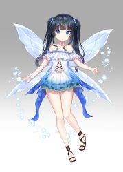 Rule 34 | 1girl, bad id, bad pixiv id, black hair, blue dress, blue eyes, blue flower, blue wings, brown footwear, closed mouth, collarbone, commentary, dress, english commentary, fairy, fairy wings, fingernails, flower, full body, gradient background, gradient dress, grey background, hair flower, hair ornament, highres, long hair, navel, original, sandals, seno (senohime), solo, twintails, very long hair, white background, white dress, wings