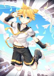 Rule 34 | 1boy, aroeruji3, bass clef, belt, blonde hair, blue eyes, detached sleeves, headset, highres, kagamine len, leg warmers, looking at viewer, male focus, midriff, midriff peek, musical note, navel, necktie, open mouth, paper, paper airplane, piano keys, sailor collar, shorts, sky, solo, staff (music), vocaloid, yellow belt, yellow necktie