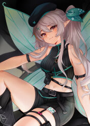 Rule 34 | 1girl, :3, alternate hair color, armlet, artist name, belt, beret, black belt, black footwear, black hat, black shirt, black shorts, boots, breasts, closed mouth, commentary, fairy wings, grey hair, hair ornament, hat, highres, long hair, looking at viewer, medium breasts, navel, nijisanji, nijisanji en, pointy ears, pomu rainpuff, pomu rainpuff (3rd costume), pouch, red eyes, shirt, shorts, side ponytail, sleeveless, smile, solo, symbol-only commentary, temachii, thigh pouch, thigh strap, virtual youtuber, wings, x hair ornament