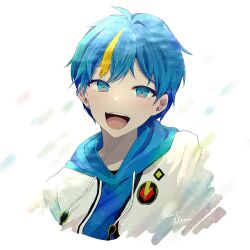 Rule 34 | 1boy, blue eyes, blue hair, blush, cobalt (technoroid), dated, highres, looking at viewer, male focus, multicolored eyes, multicolored hair, open mouth, orange eyes, pink eyes, shenaa, short hair, signature, smile, solo, technoroid, white background