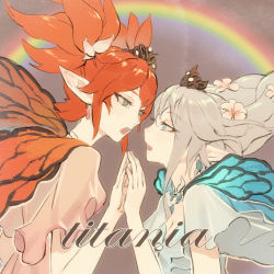 Rule 34 | 0x3, 2others, androgynous, bare shoulders, blue eyes, braid, butterfly wings, earrings, eye contact, fairy, feo ul, film grain, final fantasy, final fantasy xiv, flower, green eyes, hair flower, hair ornament, hand to hand, insect wings, jewelry, looking at another, magnet (vocaloid), multiple others, open mouth, orange hair, pointy ears, rainbow, short twintails, silver hair, tiara, titania (final fantasy), twintails, vocaloid, wings