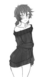 Rule 34 | 1girl, :3, alternate hairstyle, arm at side, black sweater, blush, collarbone, commentary, cowboy shot, english commentary, eyes visible through hair, freckles, greyscale, long sleeves, looking at viewer, low twintails, mari (twrlare), monochrome, no pants, off-shoulder sweater, off shoulder, original, ribbed sweater, short hair, short twintails, simple background, single bare shoulder, smile, solo, sweater, twintails, twrlare, white background