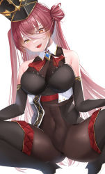 Rule 34 | 1girl, bare shoulders, black gloves, black hat, black thighhighs, blush, boots, breasts, cleavage, commentary request, covered navel, elbow gloves, gloves, hair between eyes, hat, heterochromia, highres, hololive, houshou marine, houshou marine (marching band), large breasts, long hair, looking at viewer, official alternate costume, parted lips, red eyes, red hair, see-through, see-through cleavage, shougun (chuckni1), simple background, smile, solo, squatting, thigh boots, thighhighs, thighs, virtual youtuber, white background, yellow eyes