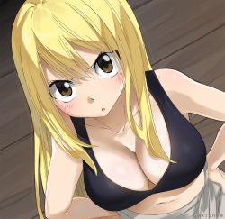 Rule 34 | 1girl, annoyed, artist name, bare arms, black bra, blonde hair, blush, bra, breasts, brown eyes, cleavage, collarbone, determined, facing viewer, fairy tail, floor, gaston18, hair between eyes, hair down, hands on own hips, indoors, large breasts, long hair, looking at viewer, lucy heartfilia, midriff, navel, parted lips, room, solo, standing, tongue, underwear, upper body