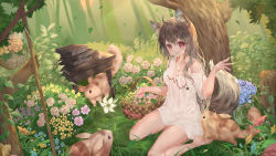 Rule 34 | 1girl, :&lt;, ahoge, animal, animal ear fluff, animal ears, animal request, barefoot, basket, blue flower, blue rose, blush, breasts, brown hair, cleavage, closed mouth, collarbone, dasima, flower, grass, grey flower, hand up, heart, heart print, highres, long hair, looking at viewer, nature, original, outdoors, pink flower, red eyes, rose, shirt, short sleeves, single bare shoulder, sitting, smile, tail, tree, white shirt, wolf ears, wolf tail