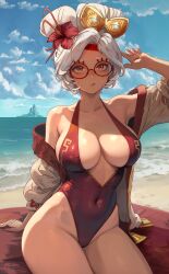 Rule 34 | 1girl, absurdres, arm up, artist logo, artist name, beach, blue sky, breasts, cameltoe, cleavage, closed mouth, cloud, covered navel, curvy, day, eyeshadow, flower, glasses, goggles, goggles on head, groin, hair flower, hair ornament, halterneck, highleg, highleg swimsuit, highres, large breasts, makeup, nintendo, ocean, off shoulder, one-piece swimsuit, outdoors, purah, red-framed eyewear, red eyes, red eyeshadow, red flower, red one-piece swimsuit, round eyewear, short hair, sky, solo, swimsuit, the legend of zelda, the legend of zelda: tears of the kingdom, unstableboiler, white hair, wide hips