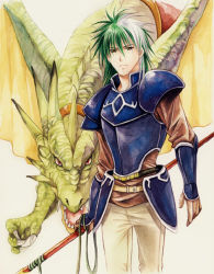 Rule 34 | 1boy, agahari, armor, belt, claws, dragon, fang, fangs, fire emblem, fire emblem: the blazing blade, gauntlets, gloves, green hair, heath (fire emblem), lance, male focus, multicolored hair, nintendo, open mouth, polearm, red eyes, serious, short hair, solo, spear, traditional media, two-tone hair, weapon, white hair, wings, wyvern, wyvern rider, yellow eyes