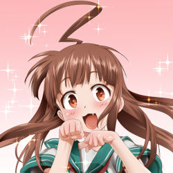 Rule 34 | 10s, 1girl, ahoge, brown eyes, brown hair, fang, kantai collection, kuma (kancolle), long hair, looking at viewer, open mouth, paw pose, salamander (team 7th), solo, sparkle