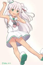 Rule 34 | 1girl, :d, ahenn, anchor, anchor hair ornament, arm up, bare arms, bare shoulders, blunt bangs, commentary request, diagonal-striped clothes, diagonal-striped neckerchief, diagonal-striped neckwear, dress, green eyes, hair ornament, hair ribbon, kantai collection, long hair, looking at viewer, maestrale (kancolle), neckerchief, one side up, open mouth, panties, red ribbon, ribbon, sailor collar, sandals, shoe soles, silver hair, sleeveless, sleeveless dress, smile, solo, striped clothes, striped neckerchief, striped neckwear, striped panties, tan, underwear, very long hair, white dress, white footwear, white ribbon, white sailor collar