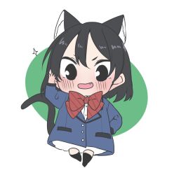 Rule 34 | 1girl, animal ear fluff, animal ears, black hair, blazer, blue jacket, blush, bow, bowtie, cat ears, cat girl, cat tail, chibi, collared shirt, commentary request, fang, hair between eyes, highres, jacket, kashikaze, long sleeves, love live!, love live! sunshine!!, love live! sunshine!! the school idol movie over the rainbow, open mouth, red bow, red bowtie, shirt, solo, tail, watanabe tsuki, white background, white shirt