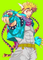 Rule 34 | 1boy, bad id, bad twitter id, blonde hair, caesar anthonio zeppeli, facial mark, feather hair ornament, feathers, fingerless gloves, gloves, green eyes, green jacket, feather hair ornament, headband, jacket, jojo no kimyou na bouken, male focus, manaka (gunjooou), nail polish, pointing, red eyes, scarf, solo