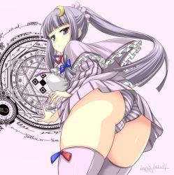 Rule 34 | 1girl, alternate hairstyle, ass, blush, breasts, capelet, crescent, crescent hair ornament, dated, from behind, hair ornament, large breasts, long hair, looking back, magic circle, no headwear, panties, pantyshot, patchouli knowledge, ponytail, purple eyes, purple hair, purple thighhighs, revision, signature, solo, striped clothes, striped panties, thighhighs, touhou, umyonge (lkakeu), underwear