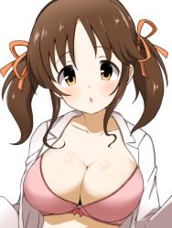 Rule 34 | 1girl, bra, breasts, brown eyes, brown hair, cleavage, collarbone, collared shirt, hair ribbon, highres, idolmaster, idolmaster cinderella girls, large breasts, long sleeves, looking at viewer, open clothes, open mouth, petsuo (penpen), pink bra, ribbon, shirt, simple background, solo, totoki airi, twintails, underwear, white background, white shirt