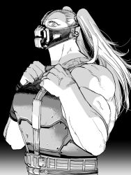 Rule 34 | 1girl, armor, bane, batman (series), breasts, commentary request, dc comics, genderswap, genderswap (mtf), gradient background, greyscale, highres, large breasts, long hair, manabu yashiro, mask, monochrome, muscular, muscular female, solo, the dark knight rises, twintails, upper body, veins, vest