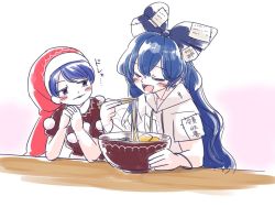 Rule 34 | 2girls, :d, antinomy of common flowers, blue hair, bowl, bracelet, chopsticks, doremy sweet, dress, food, hat, hood, hoodie, itatatata, jewelry, long hair, multiple girls, nightcap, noodles, ofuda, ofuda on clothes, open mouth, pom pom (clothes), ramen, red hat, short sleeves, smile, tongue, touhou, very long hair, yorigami shion