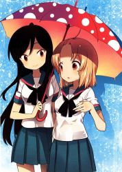 Rule 34 | 2girls, a channel, holding, holding umbrella, kuroda bb, momoki run, multiple girls, nishi yuuko, official art, school uniform, serafuku, umbrella, wet