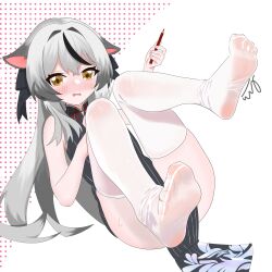 Rule 34 | 1girl, absurdres, adpppr, animal ears, blue archive, blush, feet, grey hair, highres, kokona (blue archive), long hair, looking at viewer, parted lips, pencil, see-through, see-through legwear, soles, thighhighs, toes, white thighhighs, yellow eyes