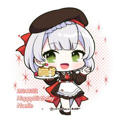 Rule 34 | 1girl, apron, ascot, beret, black dress, black footwear, blunt bangs, bow, braid, breasts, character name, chibi, commentary, dated, dotted background, dress, english text, food, frilled apron, frills, full body, genshin impact, green eyes, grey hair, happy birthday, hat, holding, holding plate, lighter-than-air pancake (genshin impact), long sleeves, looking at viewer, medium breasts, medium hair, meruko (romadeco 0a0), mint, noelle (genshin impact), noelle (kfc) (genshin impact), open mouth, pancake, pantyhose, plate, red ascot, red background, red bow, smile, solo, standing, symbol-only commentary, twitter username, waist apron, whipped cream, white apron, white background, white pantyhose