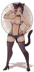 Rule 34 | 1girl, :d, animal ears, warrior of light (ff14), bare shoulders, black footwear, black hair, bracelet, breasts, cat ears, cat tail, choker, cleavage, commission, cropped shirt, facial mark, fictional persona, final fantasy, final fantasy xiv, fingernails, full body, grey thighhighs, hand on own hip, hand up, heart, heart choker, high heels, highres, jewelry, lamb-oic029, looking at viewer, medium breasts, micro shorts, miqo&#039;te, nail polish, open mouth, red hair, red nails, shirt, shorts, skindentation, smile, solo, square enix, standing, suspenders, tail, thighhighs, underboob, v, whisker markings, white shirt