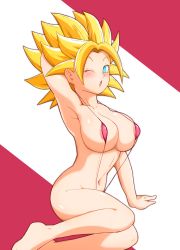 Rule 34 | 1girl, ;o, absurdres, aqua eyes, areola slip, arm support, arm up, armpits, barefoot, blonde hair, blue eyes, blush, breasts, caulifla, chikinkun, covered erect nipples, dragon ball, dragon ball super, feet, female focus, highres, large breasts, legs, looking at viewer, navel, one eye closed, parted lips, simple background, sitting, slingshot swimsuit, solo, spiked hair, super saiyan, swimsuit, thighs, two-tone background, wink