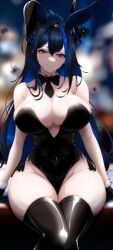 Rule 34 | 1girl, animal ears, asymmetrical horns, black hair, black leotard, blue hair, blurry, blurry background, blush, breasts, colored inner hair, demon horns, detached collar, ear blush, ellier23, fake animal ears, fake tail, fishnet pantyhose, fishnets, hair ornament, highleg, highleg leotard, hololive, hololive english, horns, large breasts, leotard, long hair, looking at viewer, mole, mole under eye, multicolored hair, nerissa ravencroft, pantyhose, playboy bunny, rabbit ears, rabbit tail, red eyes, solo, strapless, strapless leotard, tail, two-tone hair, uneven horns, virtual youtuber, wide hips, wrist cuffs