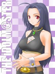 Rule 34 | 00s, 1girl, ahoge, bare shoulders, blue hair, breasts, cleavage, cleavage cutout, clothing cutout, cool &amp; sexy (idolmaster), halterneck, idolmaster, idolmaster (classic), idolmaster 1, jewelry, large breasts, long hair, midriff, miura azusa, necklace, purple hair, red eyes, sleeveless, sleeveless turtleneck, solo, t2r, turtleneck